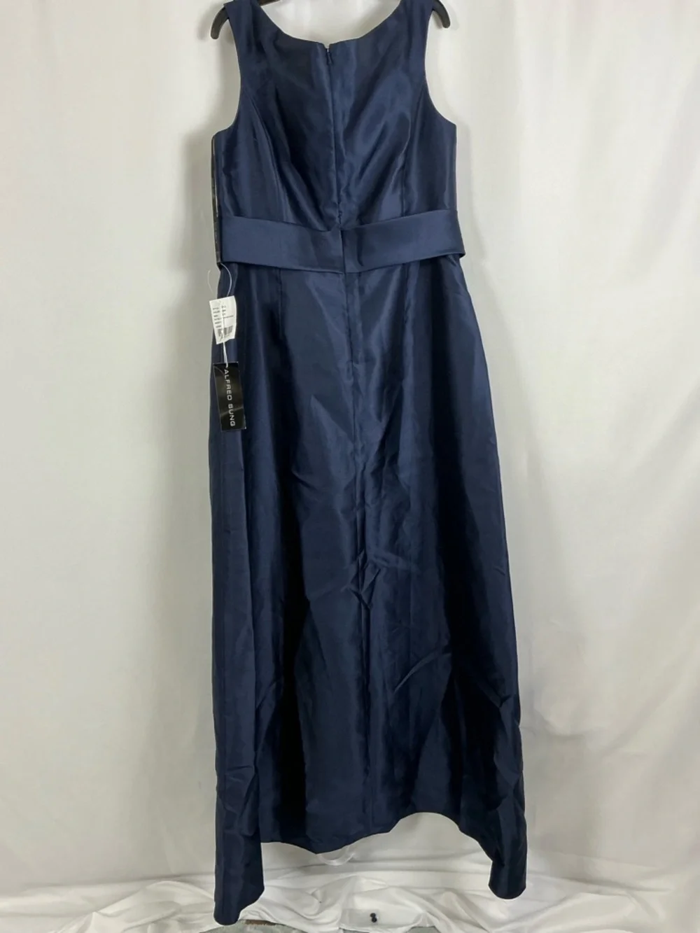 ALFRED SUNG Off-the-Shoulder Satin Maxi Dress in Midnight Navy Blue - Picture 3 of 5